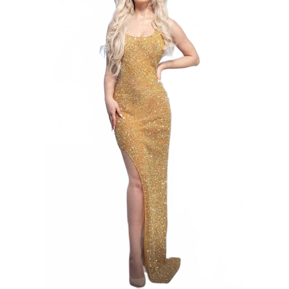 NEW MNM COUTURE beaded high slit evening dress in gold